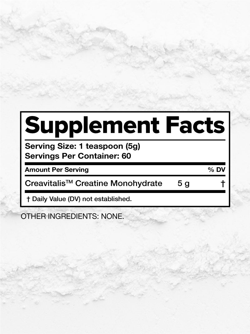 The COMPLEMENT® Creatine supplement facts label shows one teaspoon (5g) creatine monohydrate per serving, 60 servings per container, aiding muscle growth. The background features fine white powder. No other ingredients listed. Brand: Complement.