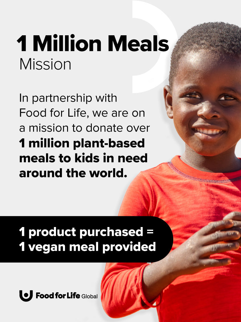 A smiling child in a red shirt stands by text about Food for Life Global and Complement’s pledge: for every COMPLEMENT® Creatine purchased, one nutritious vegan meal is donated to a child in need to support their growth worldwide.