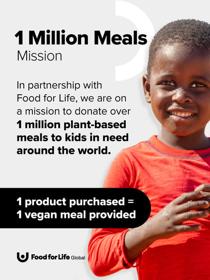 A smiling child in a red shirt stands by text about Food for Life Global and Complement’s pledge: for every COMPLEMENT® Creatine purchased, one nutritious vegan meal is donated to a child in need to support their growth worldwide.