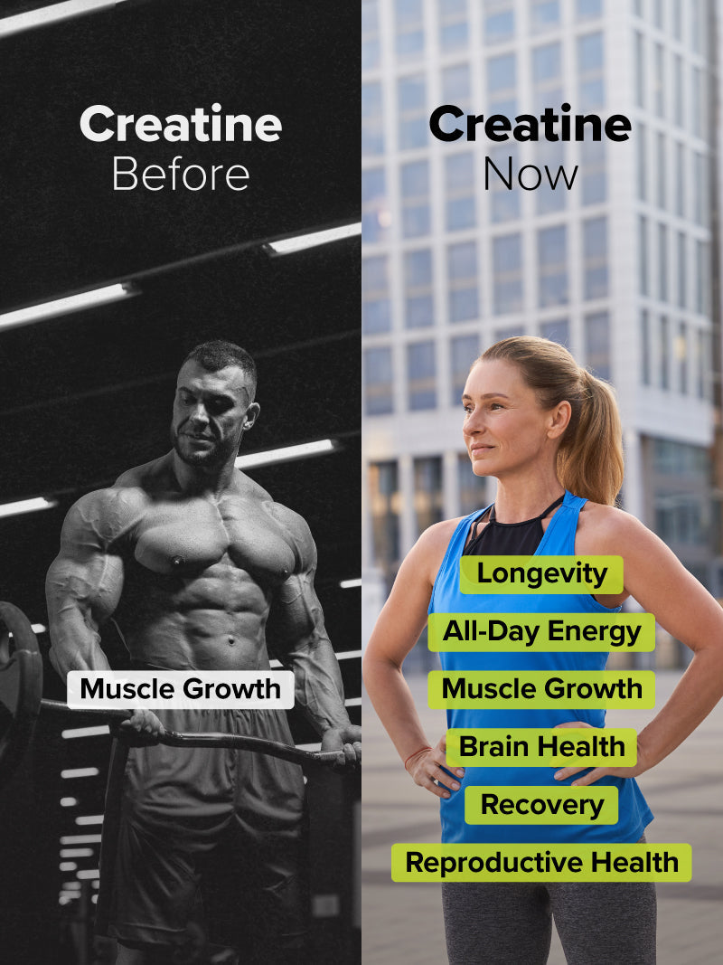 Split image: Left shows a muscular man lifting weights in black and white, labeled COMPLEMENT® Creatine Before—Muscle Growth. Right shows a smiling woman outdoors, labeled COMPLEMENT® Creatine Now: longevity, energy, muscle, brain, recovery, reproductive.